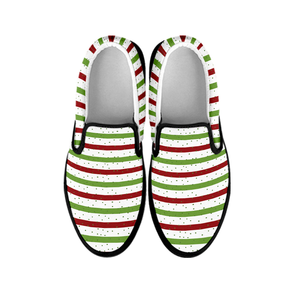 Merry Christmas Striped Pattern Print Black Slip On Shoes