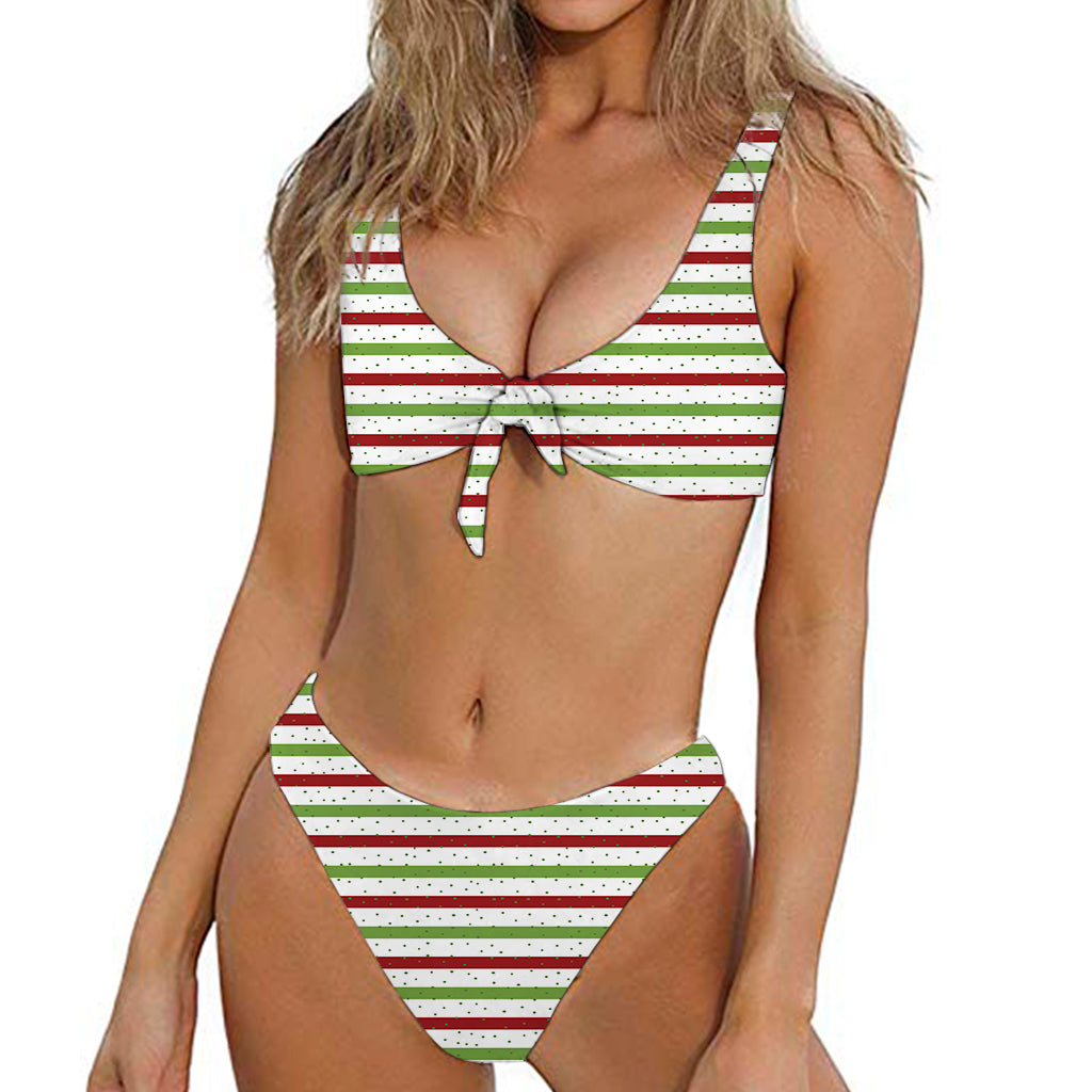Merry Christmas Striped Pattern Print Front Bow Tie Bikini