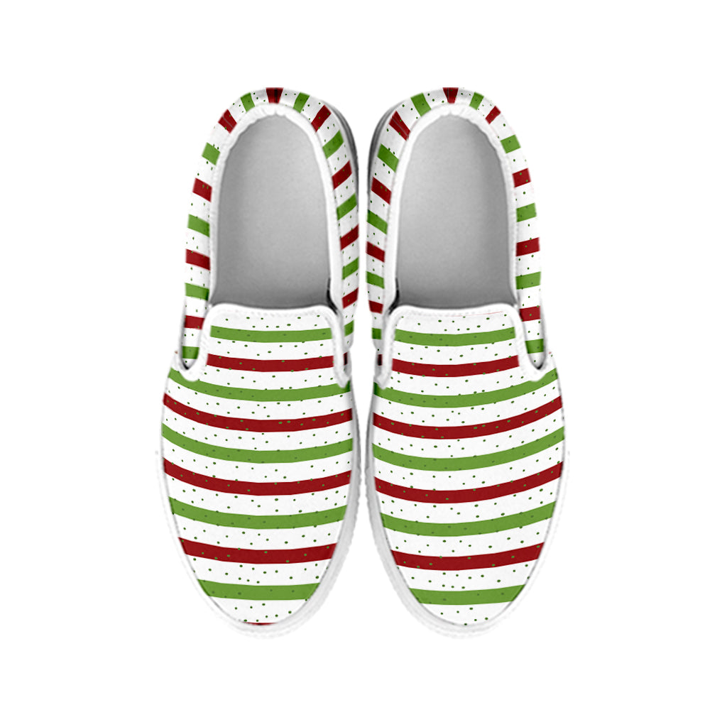 Merry Christmas Striped Pattern Print White Slip On Shoes