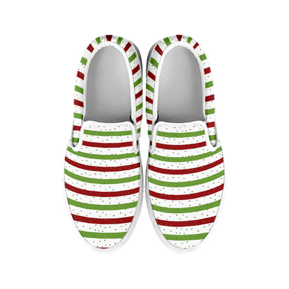 Merry Christmas Striped Pattern Print White Slip On Shoes