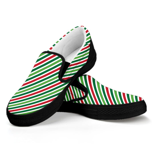 Merry Christmas Stripes Pattern Print Black Slip On Shoes