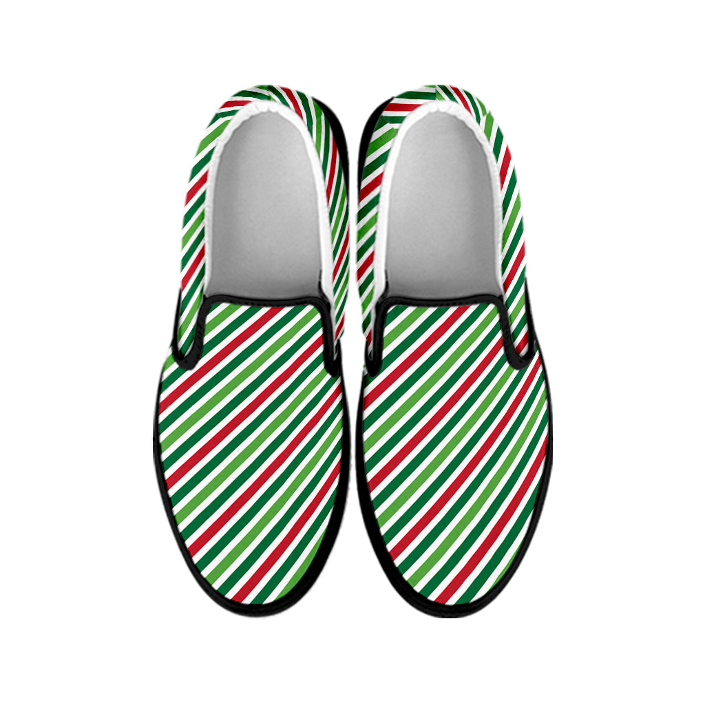 Merry Christmas Stripes Pattern Print Black Slip On Shoes
