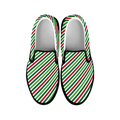 Merry Christmas Stripes Pattern Print Black Slip On Shoes