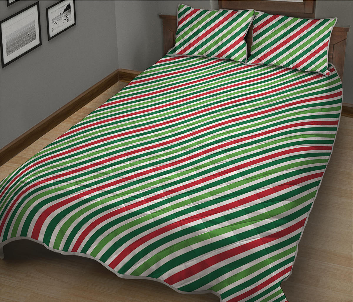 Merry Christmas Stripes Pattern Print Quilt Bed Set