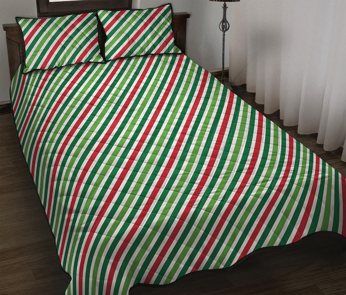 Merry Christmas Stripes Pattern Print Quilt Bed Set
