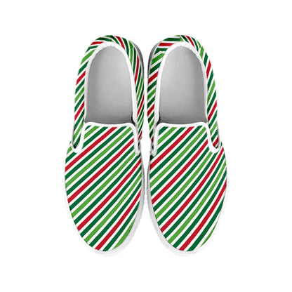 Merry Christmas Stripes Pattern Print White Slip On Shoes