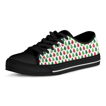 Merry Christmas Tree Pattern Print Black Low Top Shoes