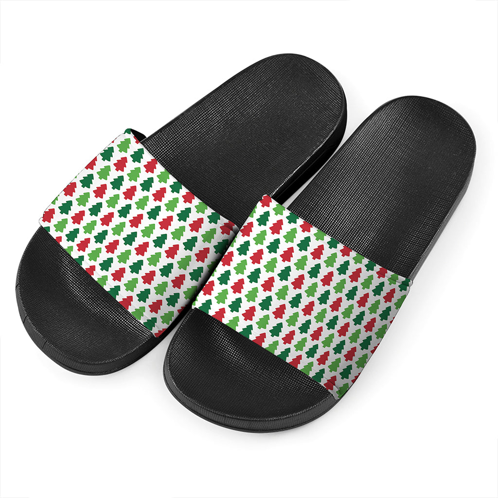Merry Christmas Tree Pattern Print Black Slide Sandals