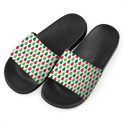 Merry Christmas Tree Pattern Print Black Slide Sandals