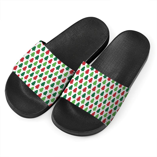 Merry Christmas Tree Pattern Print Black Slide Sandals