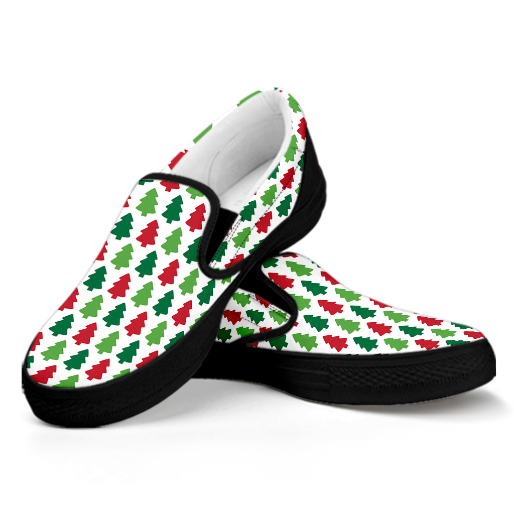 Merry Christmas Tree Pattern Print Black Slip On Shoes