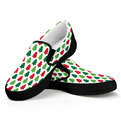 Merry Christmas Tree Pattern Print Black Slip On Shoes