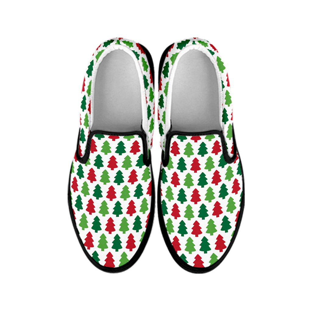 Merry Christmas Tree Pattern Print Black Slip On Shoes