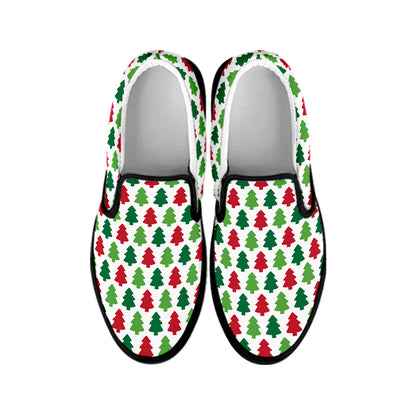 Merry Christmas Tree Pattern Print Black Slip On Shoes
