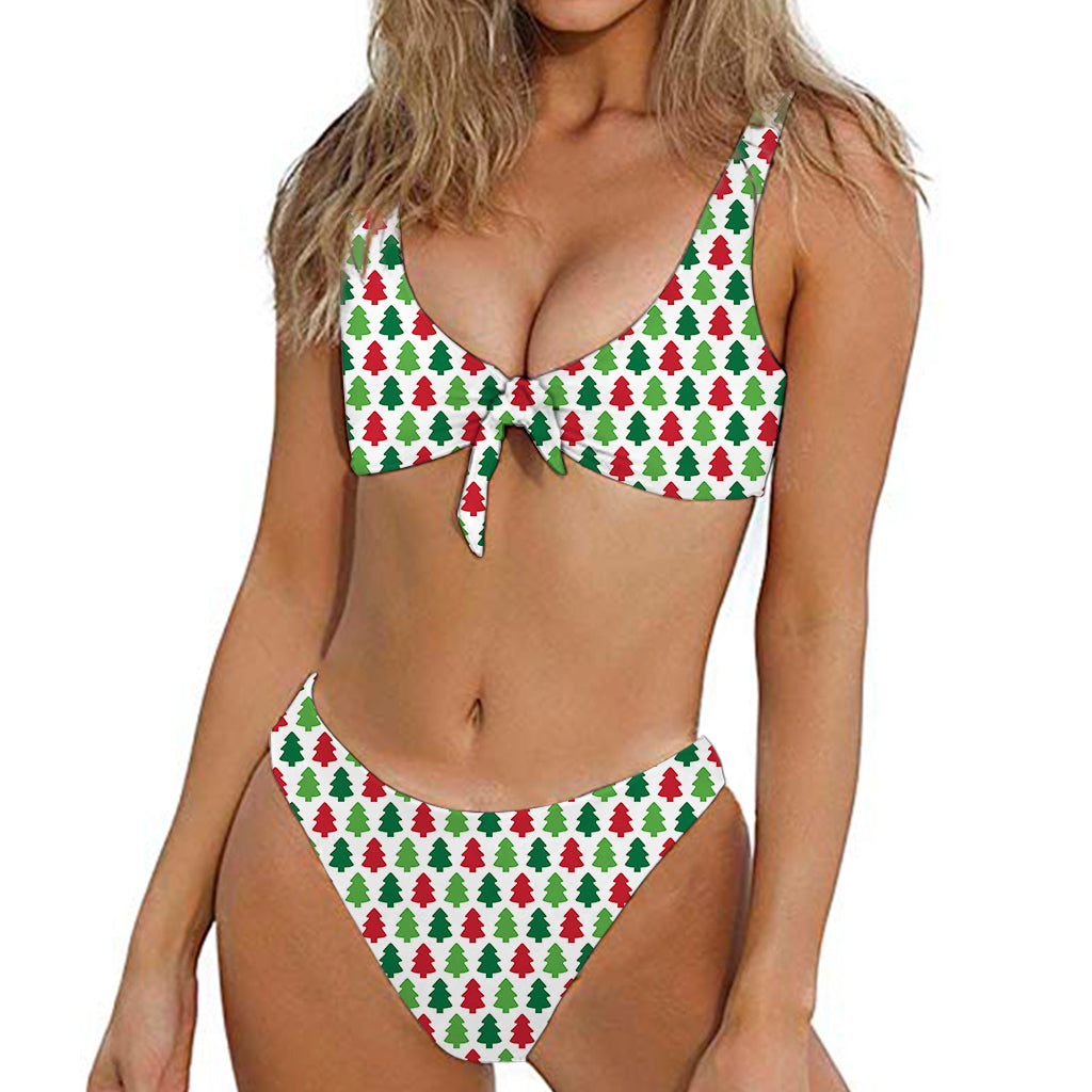 Merry Christmas Tree Pattern Print Front Bow Tie Bikini