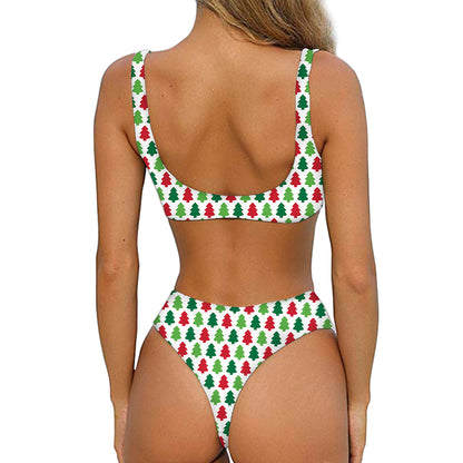 Merry Christmas Tree Pattern Print Front Bow Tie Bikini
