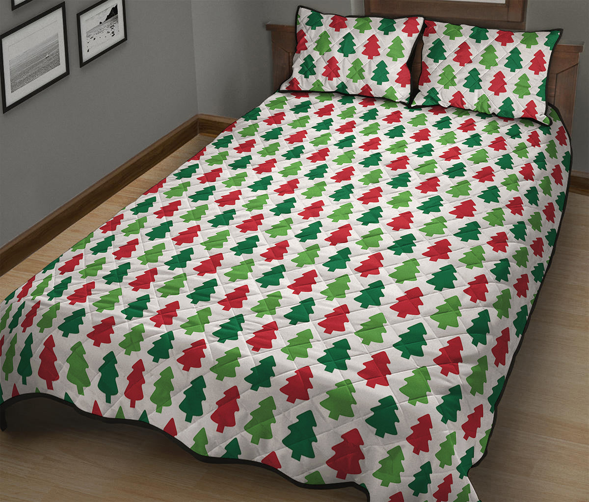 Merry Christmas Tree Pattern Print Quilt Bed Set