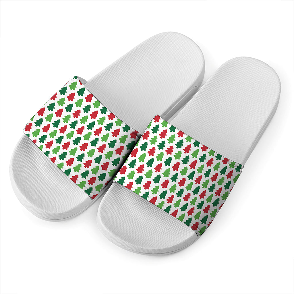 Merry Christmas Tree Pattern Print White Slide Sandals