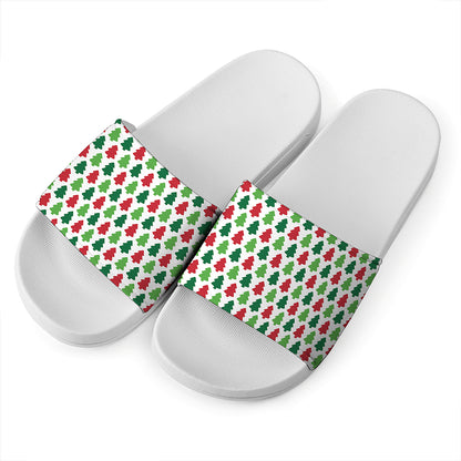 Merry Christmas Tree Pattern Print White Slide Sandals
