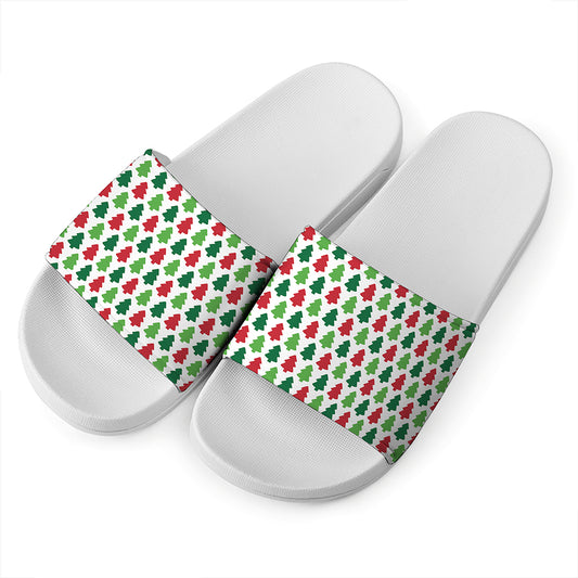 Merry Christmas Tree Pattern Print White Slide Sandals