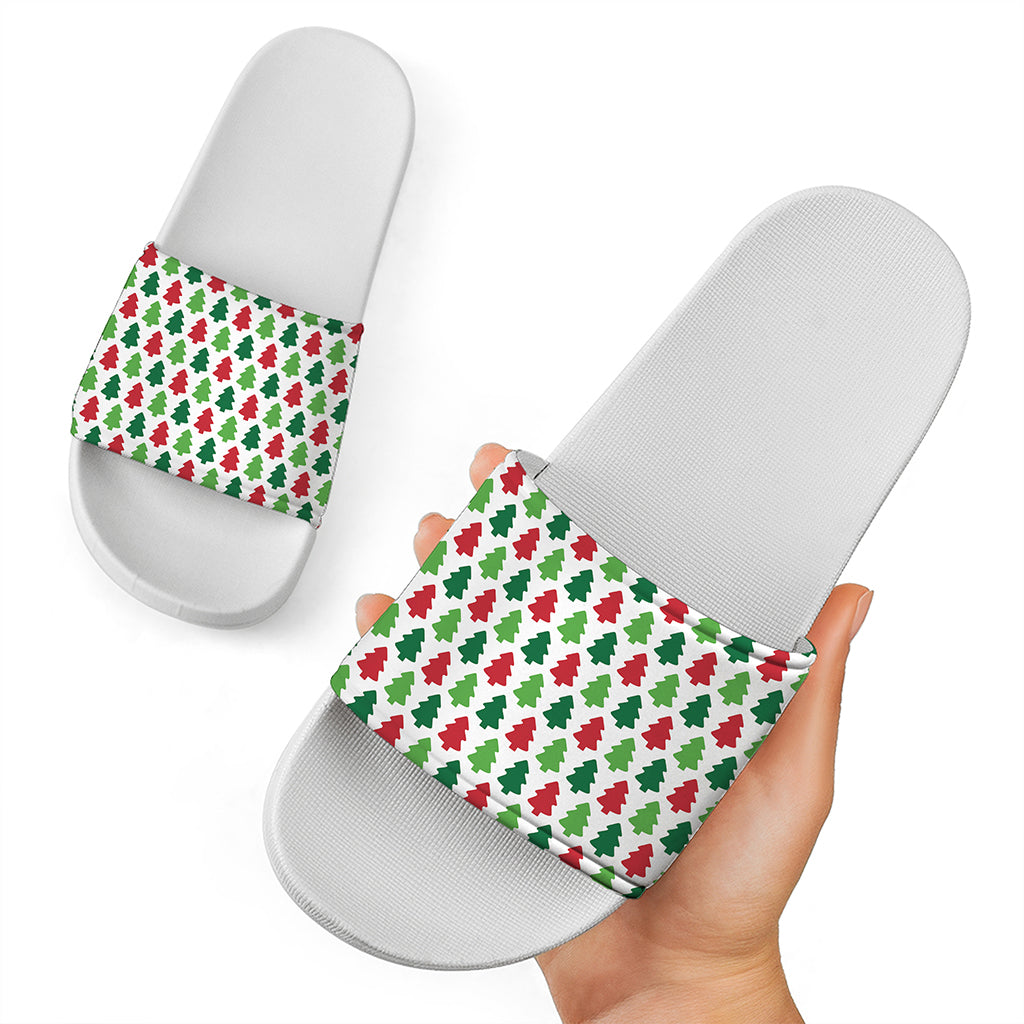 Merry Christmas Tree Pattern Print White Slide Sandals