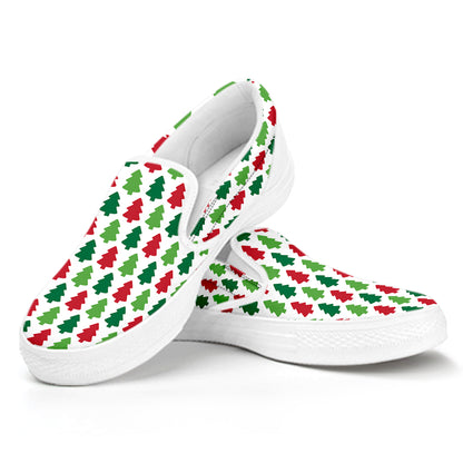 Merry Christmas Tree Pattern Print White Slip On Shoes