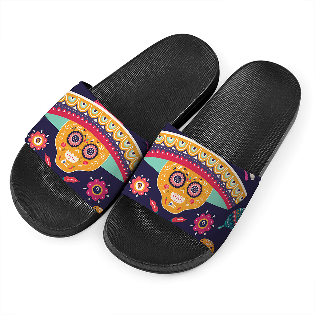 Mexican Skull Cinco de Mayo Print Black Slide Sandals