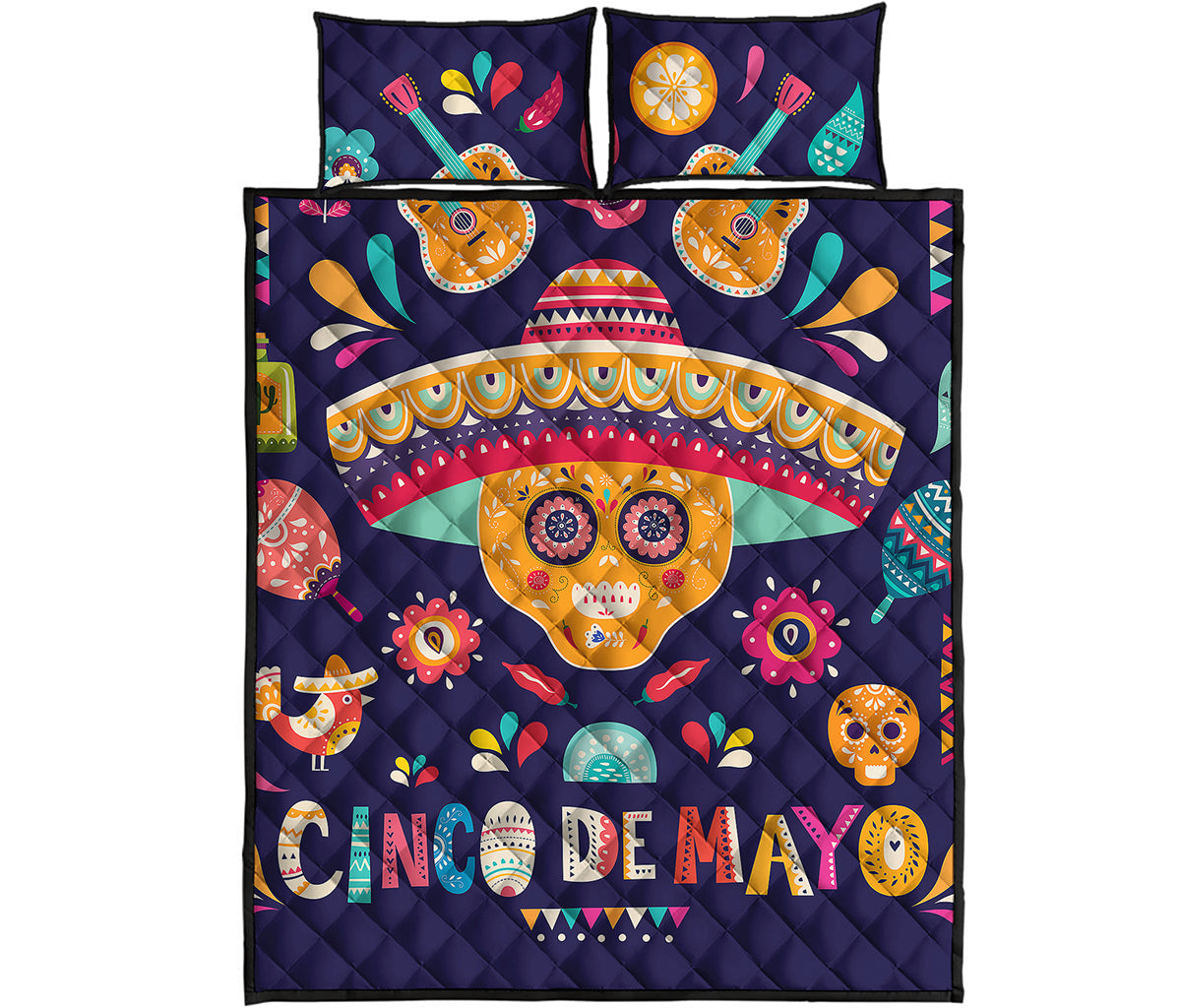 Mexican Skull Cinco de Mayo Print Quilt Bed Set