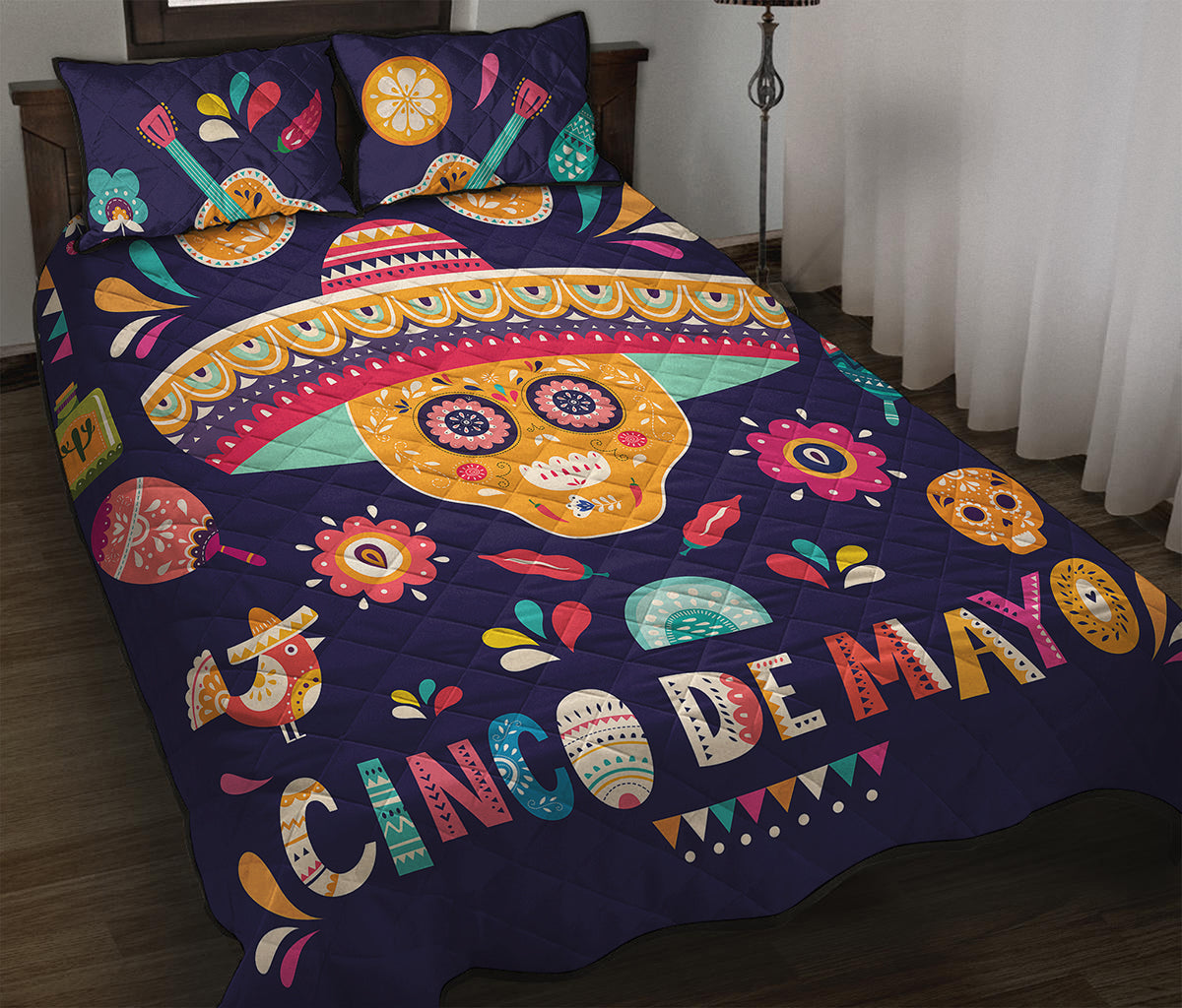 Mexican Skull Cinco de Mayo Print Quilt Bed Set