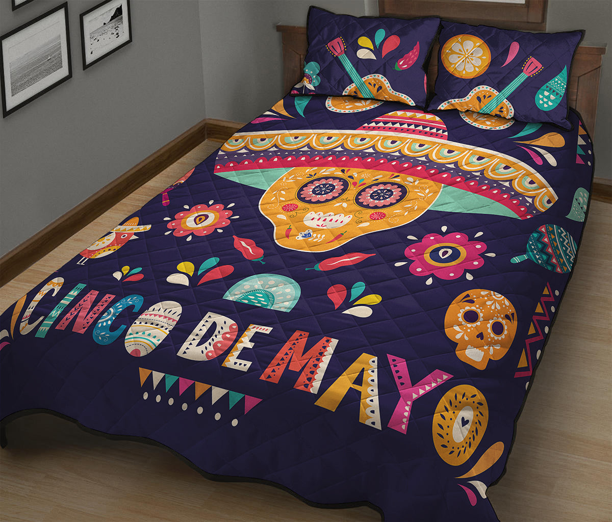 Mexican Skull Cinco de Mayo Print Quilt Bed Set