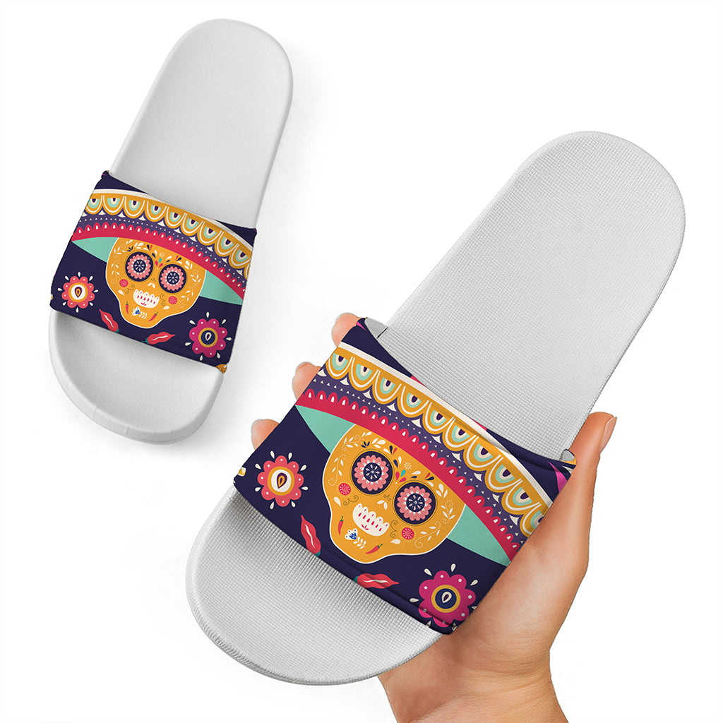 Mexican Skull Cinco de Mayo Print White Slide Sandals