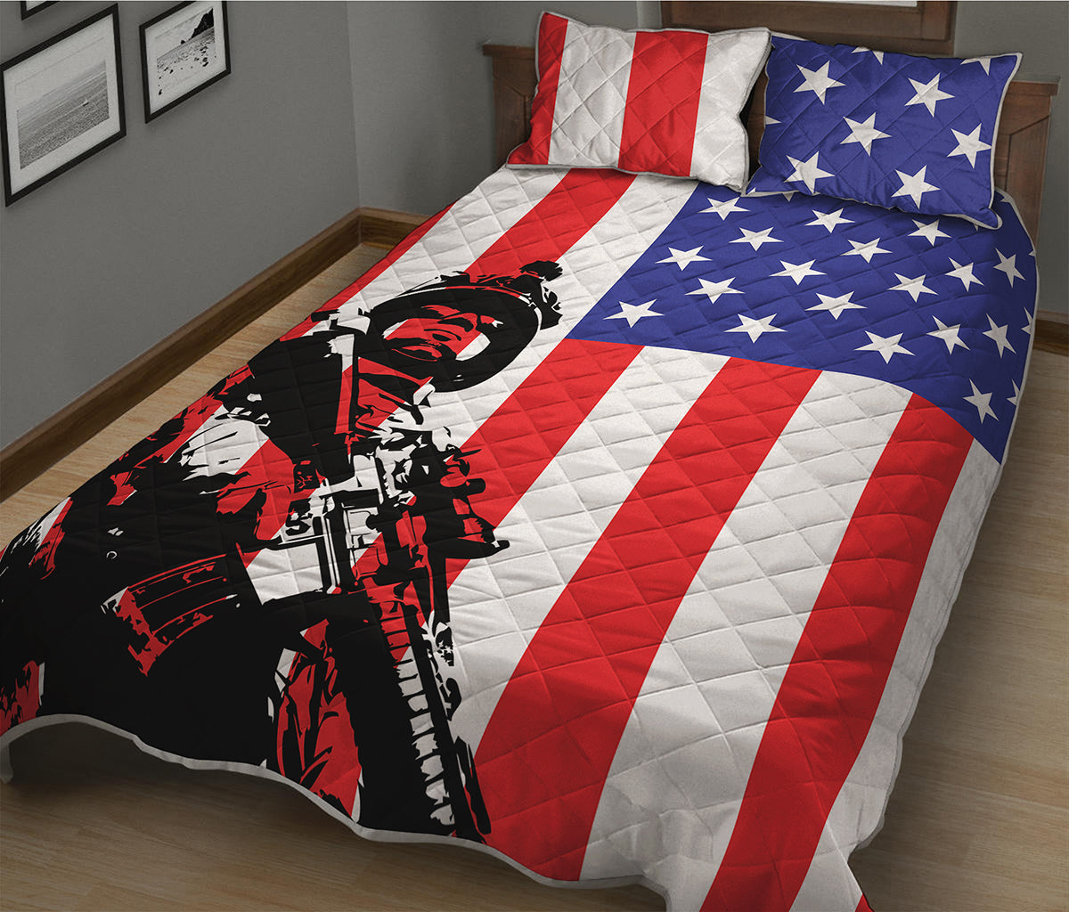 Military American Flag Print Quilt Bed Set