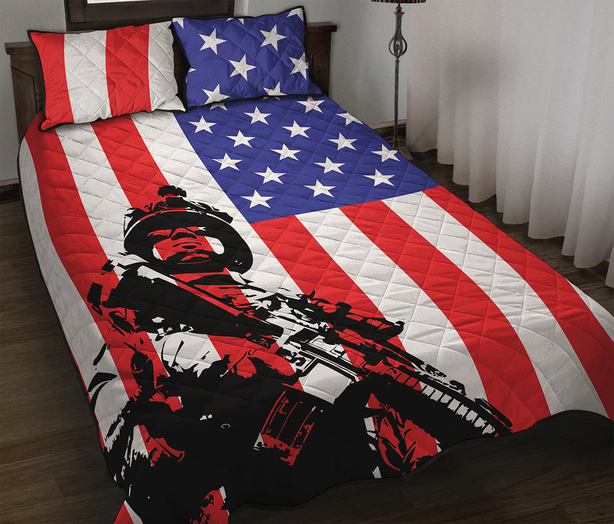 Military American Flag Print Quilt Bed Set