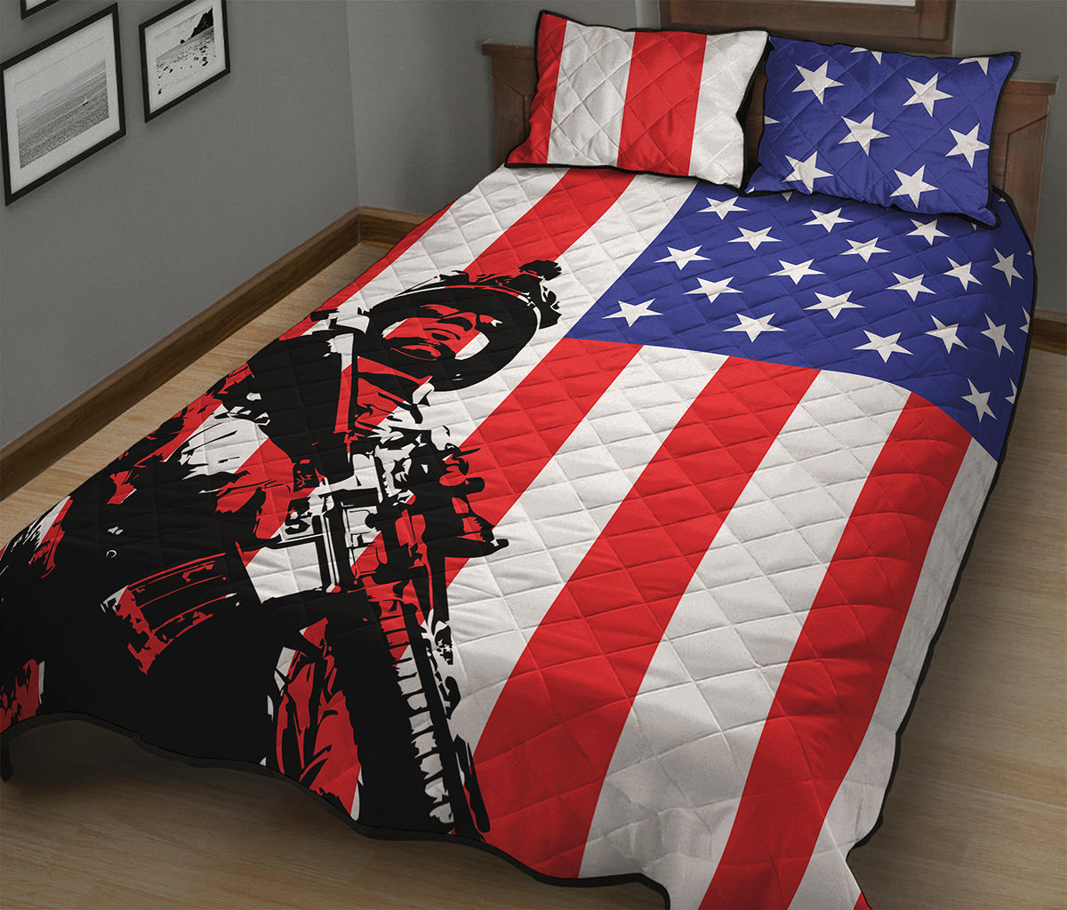 Military American Flag Print Quilt Bed Set