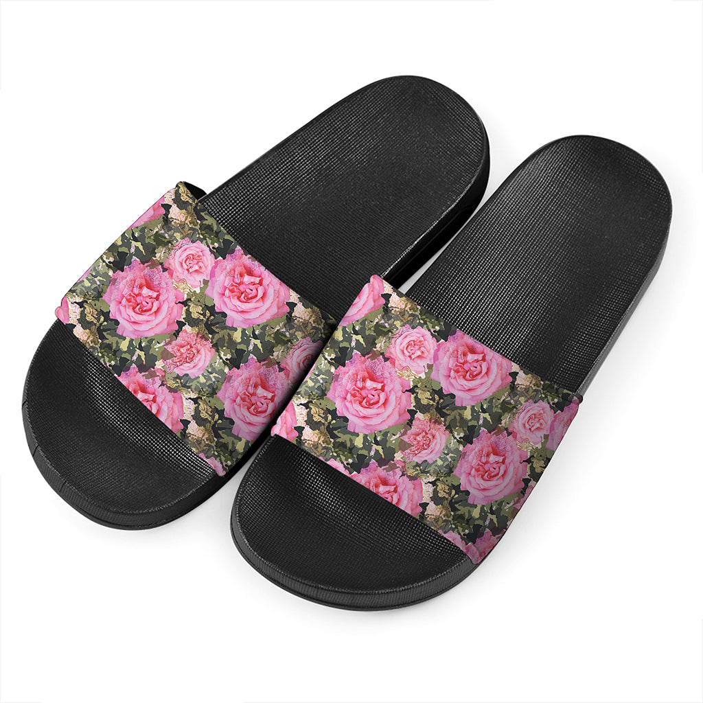 Military Camouflage Flower Pattern Print Black Slide Sandals