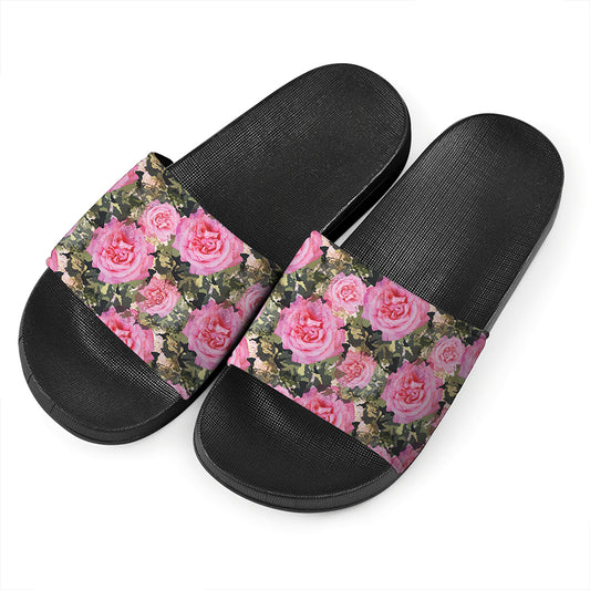 Military Camouflage Flower Pattern Print Black Slide Sandals