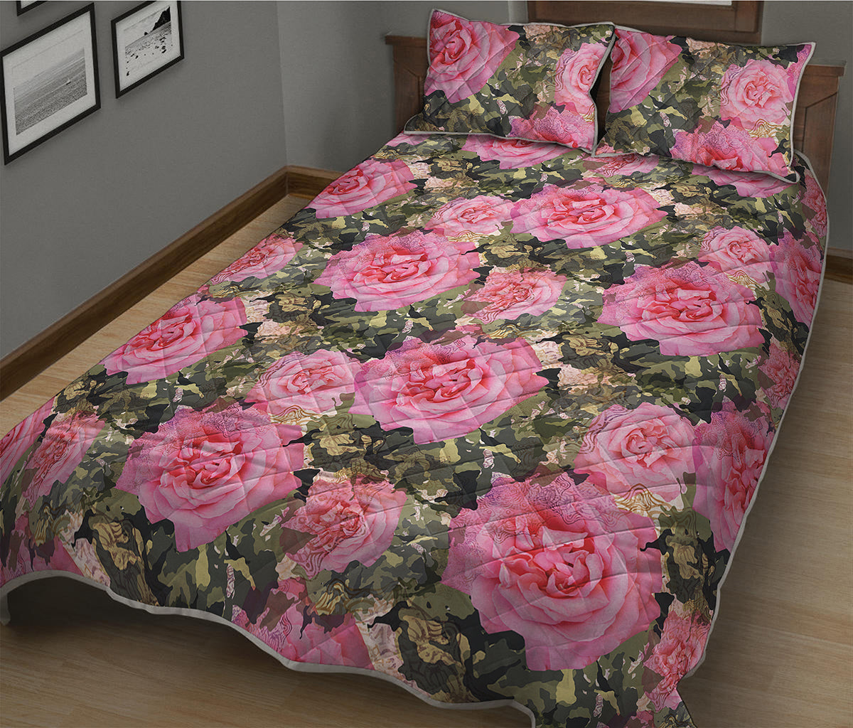 Military Camouflage Flower Pattern Print Quilt Bed Set