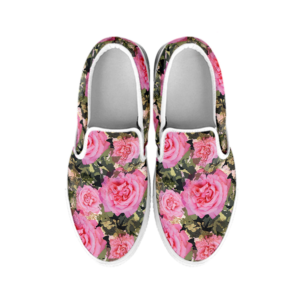 Military Camouflage Flower Pattern Print White Slip On Shoes