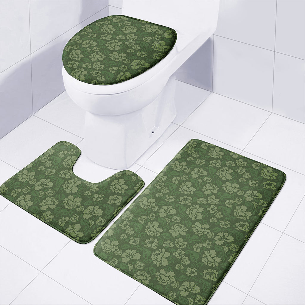 Military Green Camo Flower Pattern Print 3 Piece Bath Mat Set