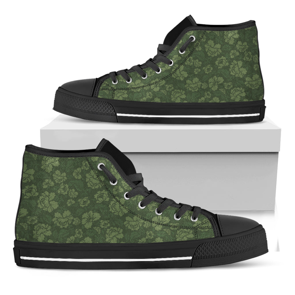 Military Green Camo Flower Pattern Print Black High Top Shoes