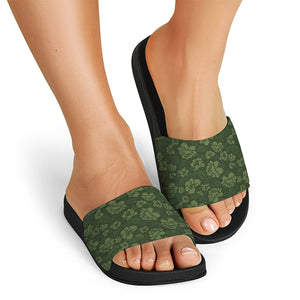 Military Green Camo Flower Pattern Print Black Slide Sandals