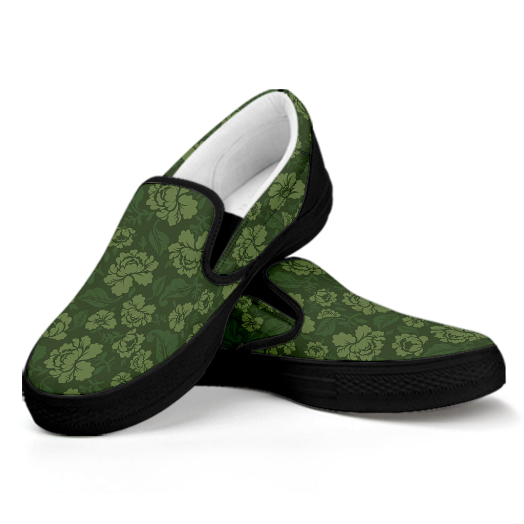 Military Green Camo Flower Pattern Print Black Slip On Shoes