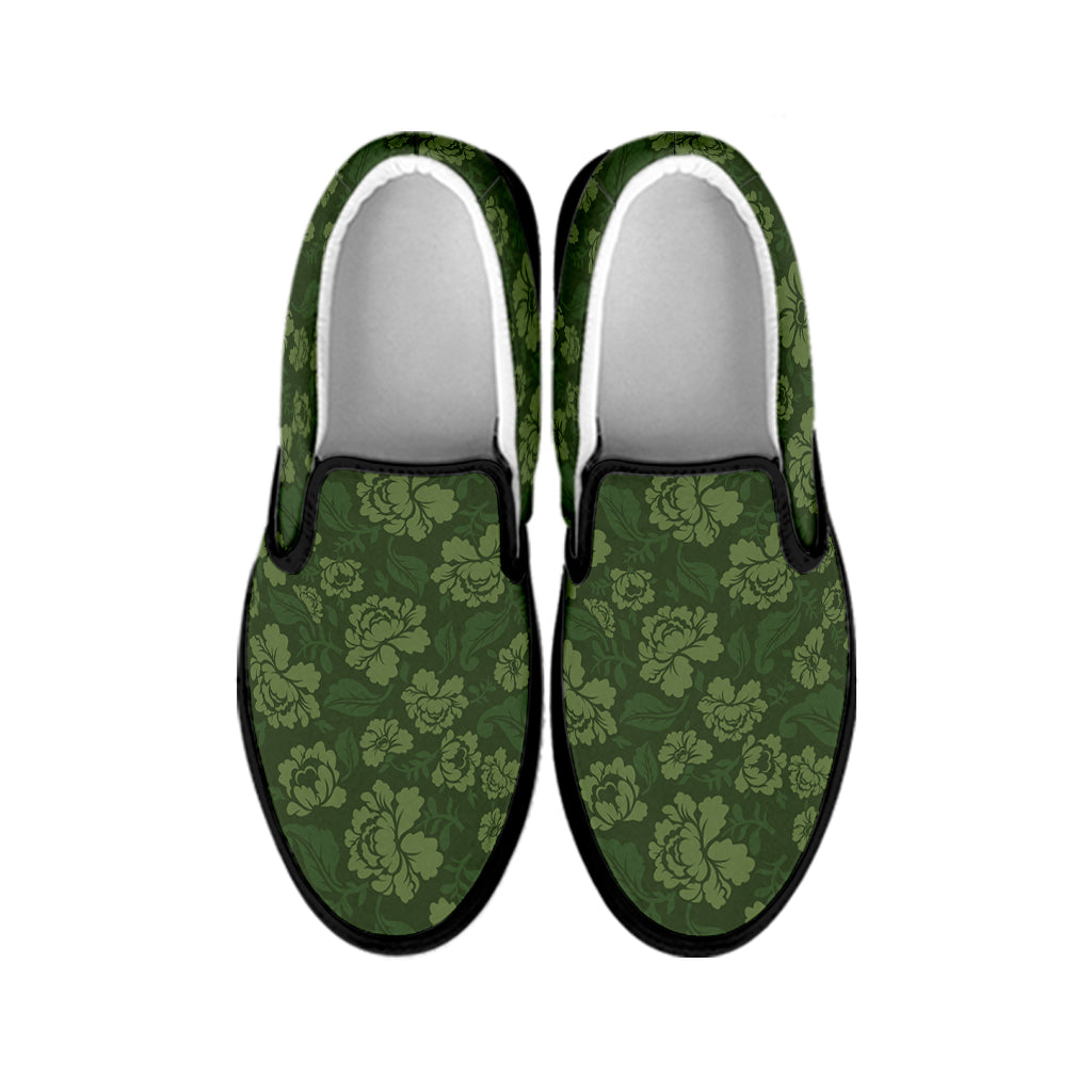 Military Green Camo Flower Pattern Print Black Slip On Shoes