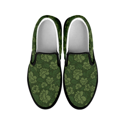 Military Green Camo Flower Pattern Print Black Slip On Shoes