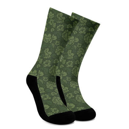 Military Green Camo Flower Pattern Print Crew Socks