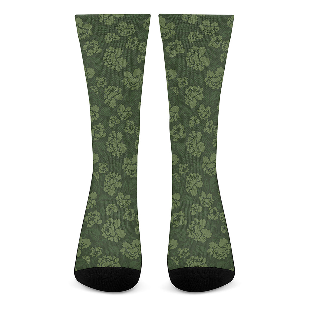 Military Green Camo Flower Pattern Print Crew Socks