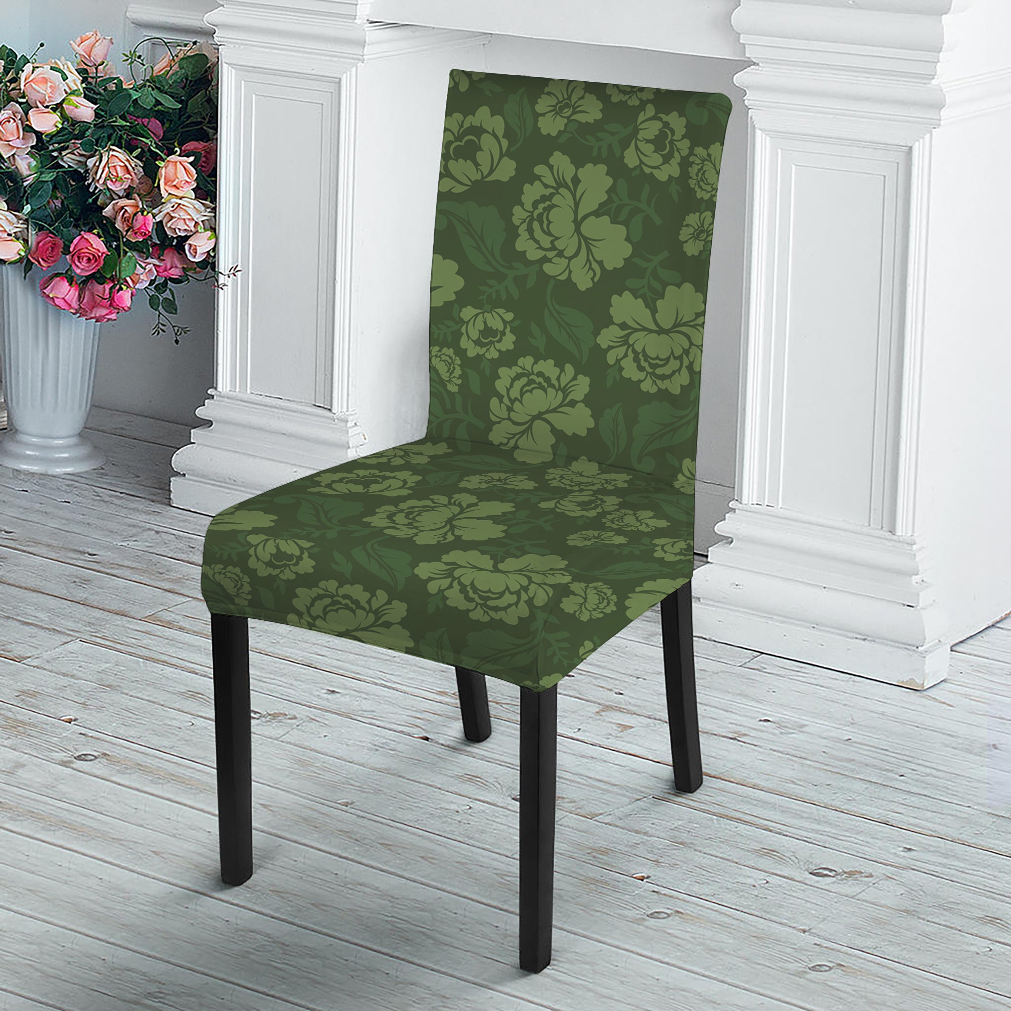 Military Green Camo Flower Pattern Print Dining Chair Slipcover