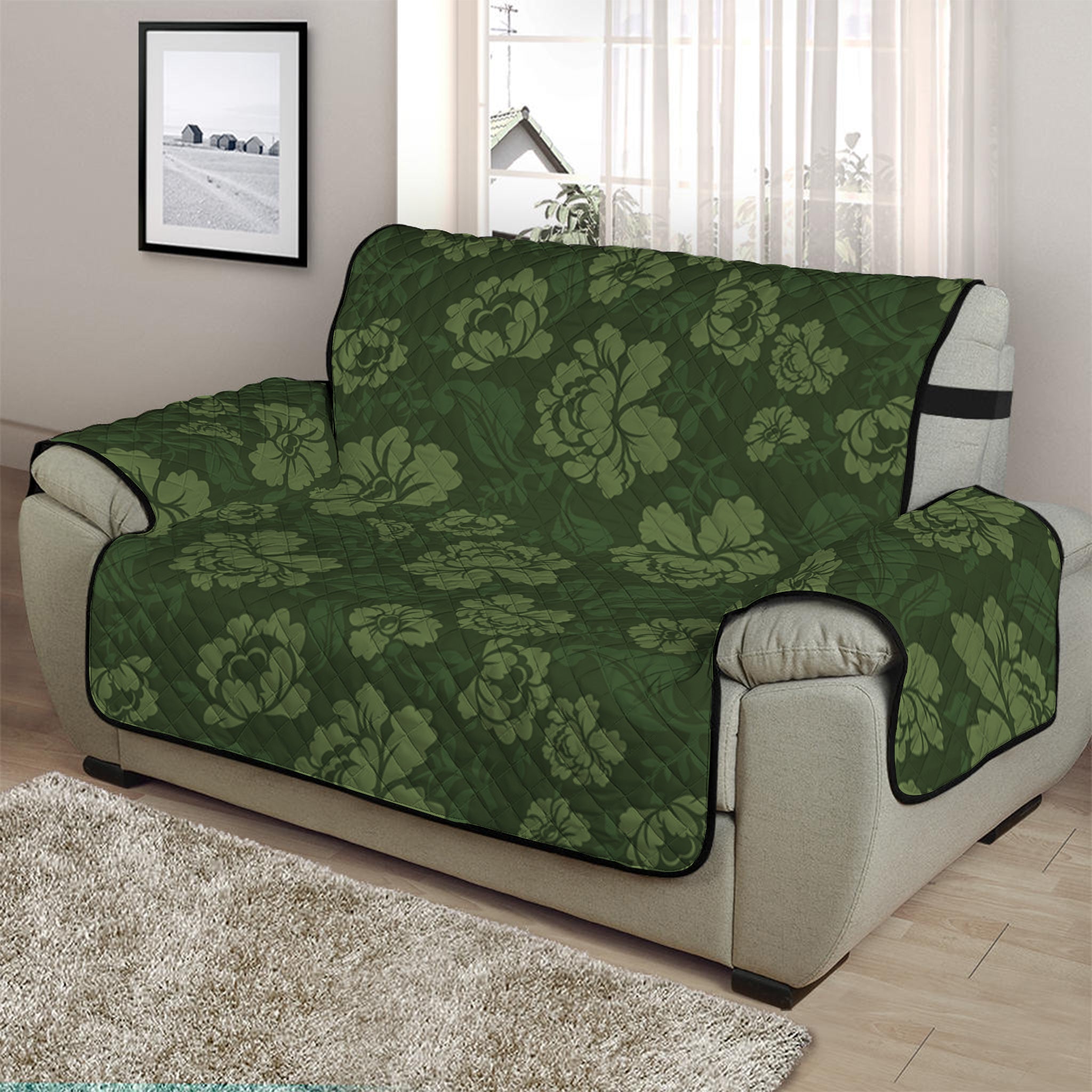 Military Green Camo Flower Pattern Print Half Sofa Protector