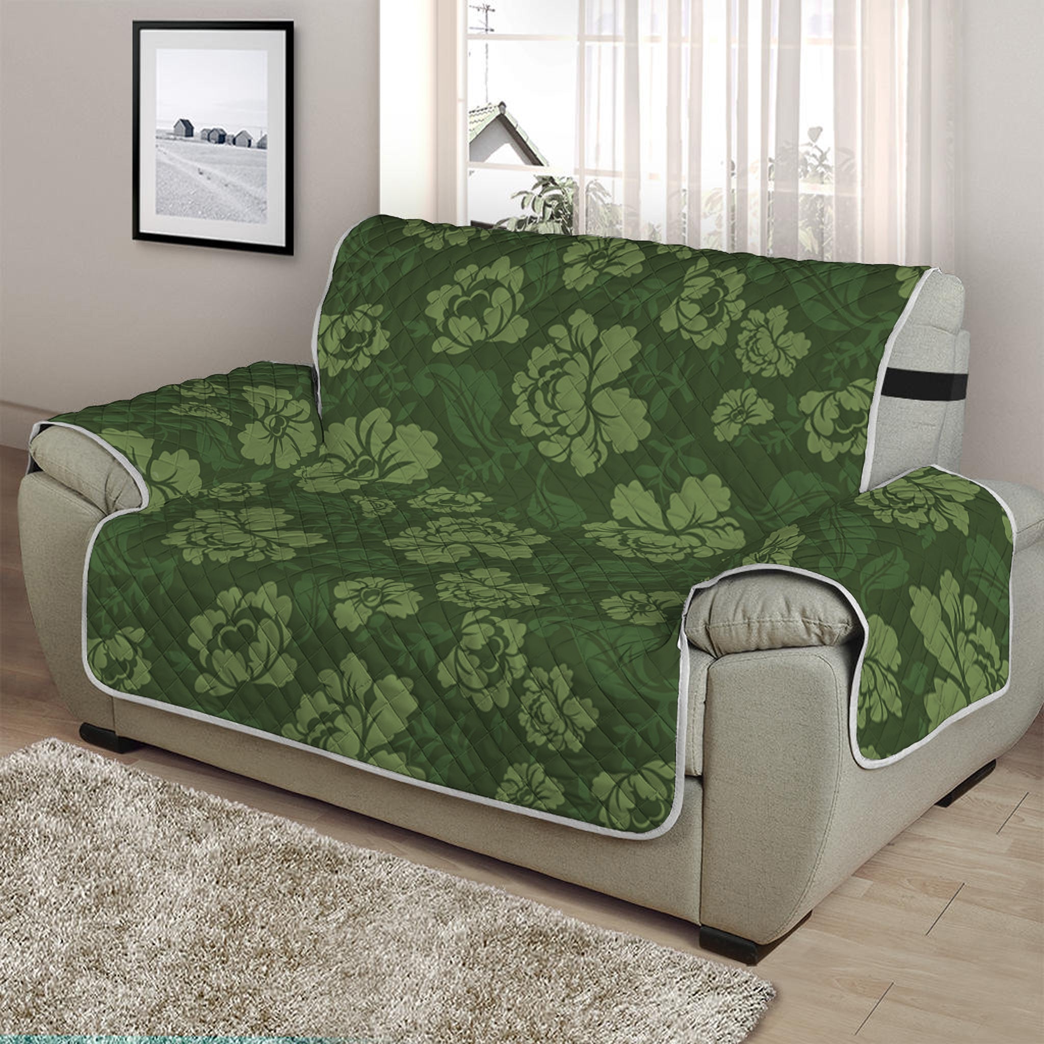 Military Green Camo Flower Pattern Print Half Sofa Protector