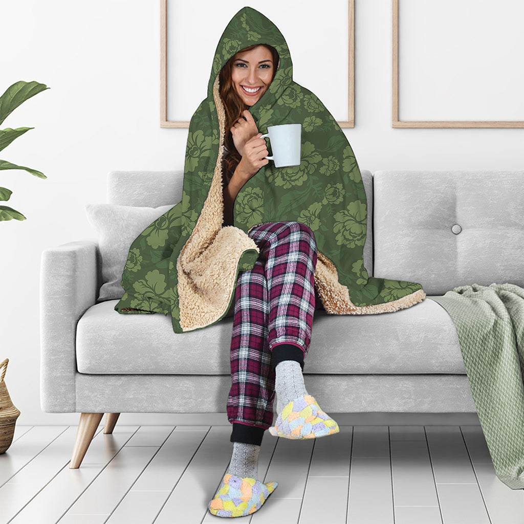 Military Green Camo Flower Pattern Print Hooded Blanket